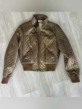 Caché Metallic Gold Quilted Bomber Jacket Women’s M Zip Front Y2K